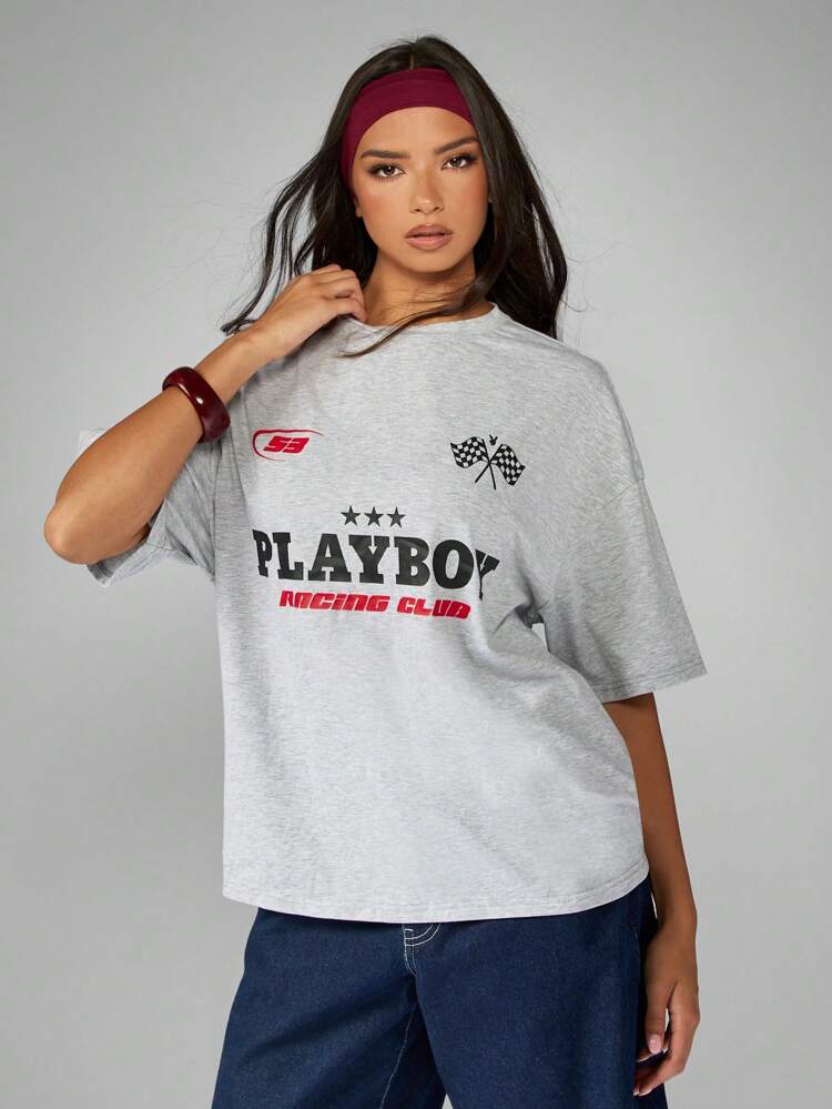 Missguided x Playboy Retro Racing Club Oversized Graphic Tee Racing Team Streetwear Motorsport Club Racing Flag Collection Style Casual Top Car Racing