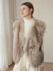DAZY 女士 V 领宽松休闲无袖蓬松背心冬季夹克背心仿皮草大衣 - 駝色 - 查看 8