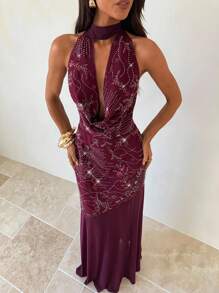 Aloruh 女士派对连衣裙、约会连衣裙、下午茶连衣裙、酒红色、栗色、梅红色、垂坠领结连衣裙、亮片连衣裙、女士超长连衣裙 连衣裙 女士秋季女装 女士秋季连衣裙 优雅女士连衣裙 - 紫紅色 - 查看 1