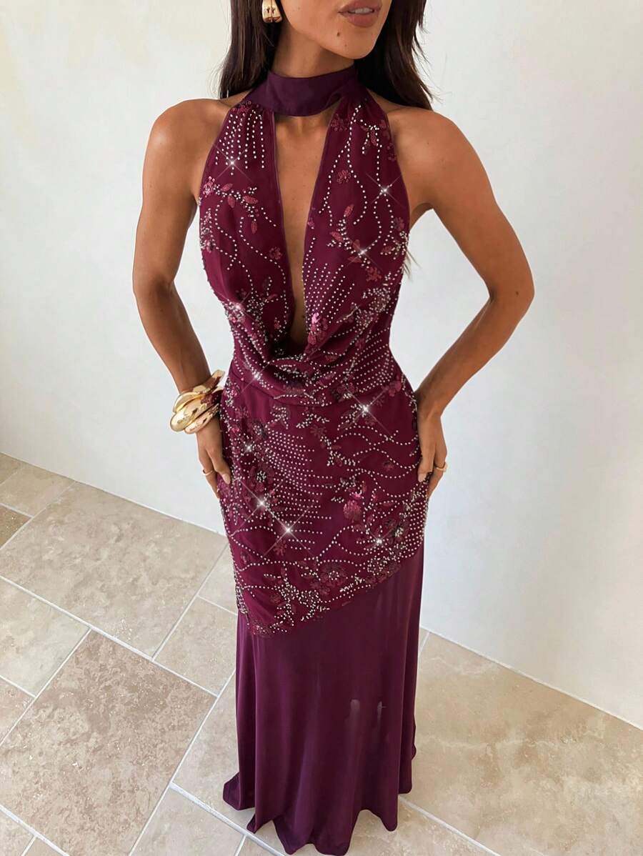 Aloruh Váy dự tiệc cho nữ, Váy hẹn hò, Váy trà chiều, Đỏ tía, Đỏ hạt dẻ, Đỏ mận, Váy dây buộc cổ, Váy sequin, Váy dài cho nữ Váy đầm cho nữ Quần áo mùa thu cho nữ Váy mùa thu cho nữ Váy thanh lịch cho nữ - Màu Tím - Xem 1