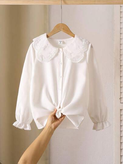 Sparklyn Tween Girls Minimalist Casual Solid Color Hollow Embroidered Puff Collar Long Sleeve Blouse Fall Winter