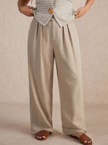 Elaquor Plus Size Casual Versatile Solid Color Loose Fit Suit Pants - Khaki - View 6