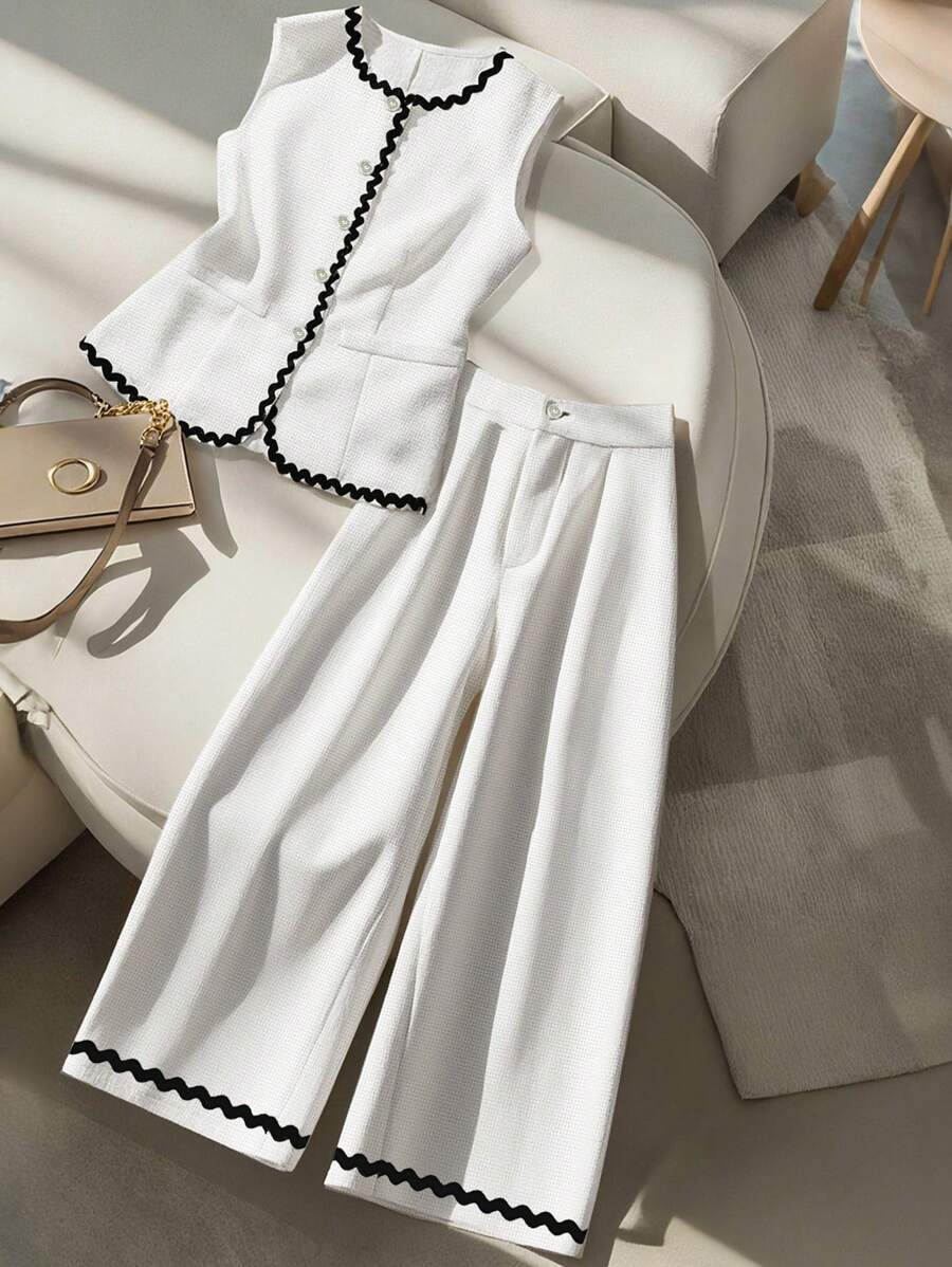 Franclia Women's French Elegant Round Neck Sleeveless Vest With Exquisite Pearl Buttons, White Color Block Wide Leg Pants, Spring/Autumn Outfit - White - View 1