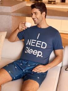 Manfinity Underwear&Sleepwear Basics Men Slogan Graphic PJ Set / Pajama Set - Blue - View 1