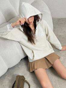 Streetcool Teen Girl Loose Casual Half-Zip Sweatshirt With Star Print,Lightweight Beige Autumn Holiday Back-To-School Sports Spring/Fall Winter - Light Grey - View 4