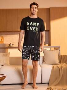 男士标语图案睡衣套装/睡衣套装 - 黑色 - 查看 3