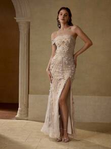 MOTF Soiréza FLORAL EMBROIDERED SPLIT THIGH FORMAL DRESS - Apricot - View 5