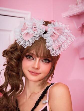 Kawaii 1pc Cute Multi-Layer White Lace Headband, Giant Pink Bow Lolita Hair Accessory, Handmade Landmine Style Headpiece