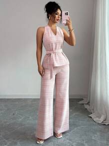 Elenzga Bộ đồ 2 mảnh áo yếm không tay cổ chữ V kẻ caro thanh lịch dành cho nữ + quần dài ống rộng cạp cao - Nhiều màu - Xem 4