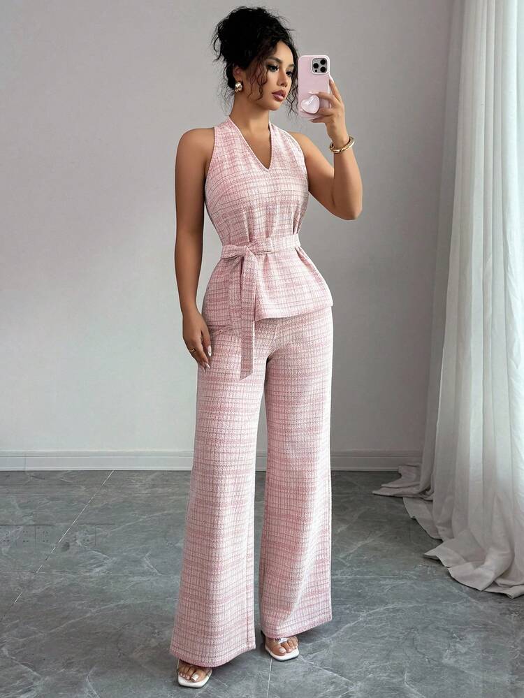 Elenzga 女士优雅通勤格子V领挂脖无袖上衣+高腰阔腿长裤两件套 - 彩色 - 查看 4
