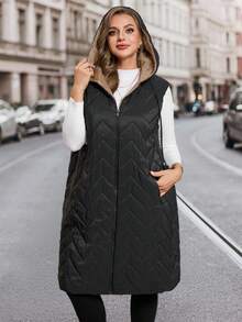 SHEIN Clasi 女士加大码棉质羽绒背心，优雅长款无袖羽绒背心，带口袋，保暖连帽棉质羽绒背心，适合秋冬季节穿着。 - 黑色 - 查看 8