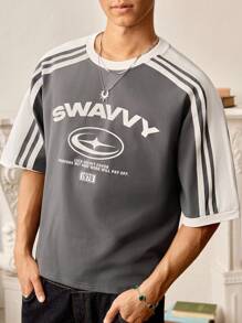 SWAVVY 男士夏季休闲宽松撞色印花翻边短袖T恤 - 灰色 - 查看 3