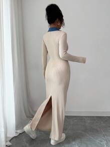 SHEIN Unity Long-Sleeved, Slimming Autumn/Winter Long Dress With Contrasting Color Stripes And Collars Fall Cloth For Women - Apricot - View 2