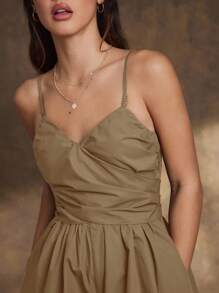 WESTFADE 春季府绸斜领蝴蝶结后背西部无袖可爱阔腿实用连体裤夏季海滩度假装 - 棕色 - 查看 3