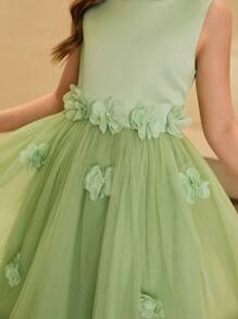 女孩高贵绿色圆领无袖3D花卉薄纱连衣裙，适合派对、宴会、度假、晚会、婚礼、花童表演、生日等场合 - 綠色 - 查看 7
