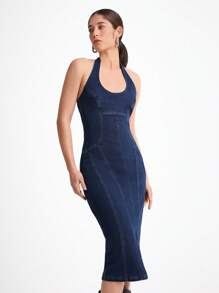 Daynim Váy denim dài vừa phải hở lưng thường ngày cho nữ - Rửa tối - Xem 1