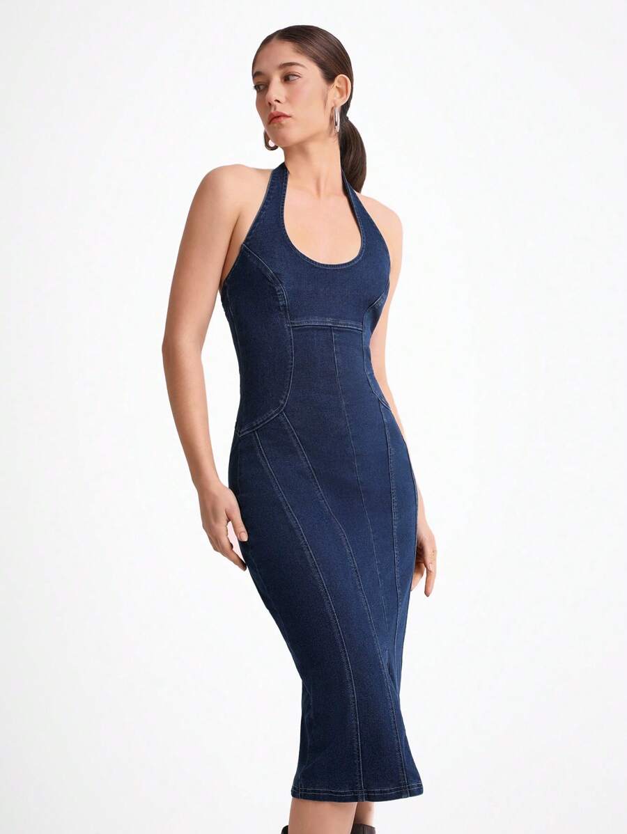 Daynim Váy denim dài vừa phải hở lưng thường ngày cho nữ - Rửa tối - Xem 1