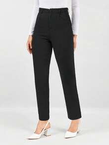 Miaspire Spring Black Slant Pockets Cropped Suit Pants - Black - View 3