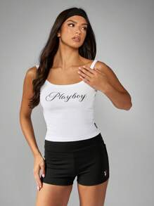 Missguided x Playboy Top de camisa elegante con logotipo de letra cursiva, informal y femenino para verano, con espalda de tirantes para uso casual, estudio, práctica, streetwear, festivales y playa, tipo top corto