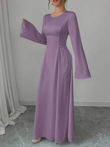 Elenzga Đầm Maxi Satin Tay Loe Cinched A-Line Màu Mơ Thanh Lịch Cho Nữ - Bụi tím - Xem 4