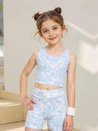 Girls Tie-Dye Yoga Outfit, Stretchy & Skin-Friendly Compression Suit, Suitable For Yoga, Cycling, Running, Indoor Fitness Training Kids Two Piece Set Girls Two Piece Set Kids Crop Top Set Little Girl Two Piece Set Toddler Two Piece Set Fall Winter