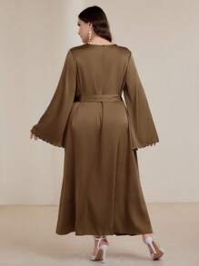 Graceveil Plus Size Women Flared Sleeve Pearl Beaded Arabic Style Dress Modest - Coffee Brown - View 2