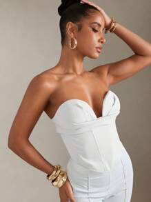 Hauture 女士纯色褶饰设计抹胸短款上衣，性感修身 - 白色 - 查看 1