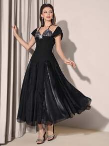 Poshira 女士优雅派对条纹拼接水钻装饰长裙中长款鸡尾酒会礼服黑色优雅连衣裙中长款正式连衣裙 1920 年代复古连衣裙咆哮的 20 年代连衣裙，女士时尚休闲秋季服装，可爱复古端庄女士服装，返校学校服装，返校连衣裙，女士教师服装 - 黑色 - 查看 4