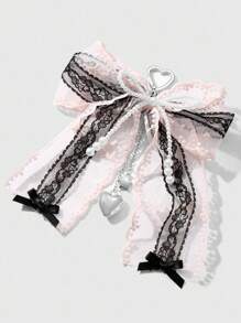 ROMWE Kawaii 1pc Retro Handmade Beaded White Pearl, Pink & Black Lace Bow, Layered Chain With CCB Heart & Star DIY Keychain/Bag Charm, Stylish & Elegant, Suitable For Women/Girls, Great Gift - Multicolor - View 4