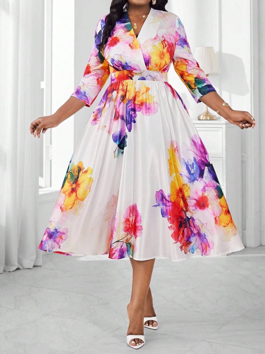 SHEIN Lady 春夏优雅通勤办公室波西米亚风彩色编织重叠领喇叭中长七分袖加大码连衣裙优雅服装办公室连衣裙 - 彩色 - 查看 1