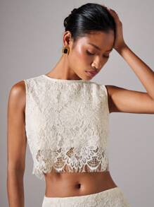 COSMINA 四季两件套女士优雅无袖蕾丝上衣和裙子，女士休闲套装，生日装，婚礼宾客礼服，外出装 - 白色 - 查看 7