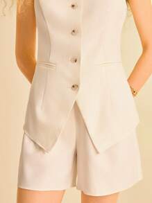 CAJUNI 女式休闲无袖上衣，下摆略开衩，搭配低腰半身裙套装，米色 - 米色 - 查看 6