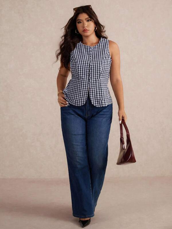 Elaquor Plus Size Women Plaid Single-Breasted Round Neck Casual Sleeveless Shirt