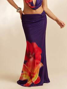 L'Amorae Women's Vacation Floral Print Twist Waist Extra Long Stylish Kimono Maxi Skirt