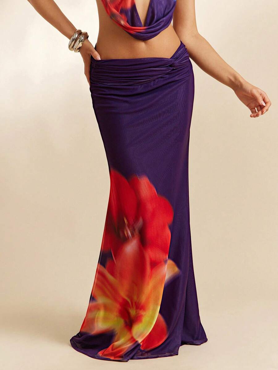 L'Amorae Women's Vacation Floral Print Twist Waist Extra Long Stylish Kimono Maxi Skirt