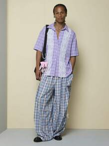COUREZ 男女皆宜的宽松灯笼格纹褶皱长裤 / Y2K 度假装扮 女装 夏季外出装扮 可爱 - 藍色 - 查看 4