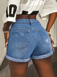 Slaydiva Pantalones cortos vaqueros de verano informales para mujer con bolsillos laterales y dobladillo deshilachado