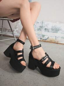 Sugerpunk 女士小众朋克风格带扣后拉链圆头厚底坡跟罗马凉鞋，PU 材质黑色，适合派对、日常穿着、晚礼服，增高修腿，舒适百搭的高跟鞋 - 黑色 - 查看 5