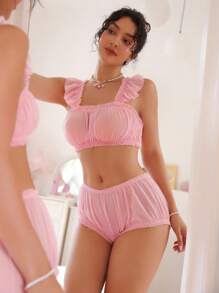 PetitDoll 2pcs Women Elegant Cute Mesh Ruffle Bra And Panty Set
