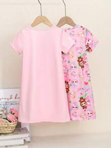 2pcs Young Girls Kid Pajama Dress Sleepwear, Cute Cartoon Naughty Bunny Printed Short Sleeve Round Neck Nightgown Two Pieces Set, Back To School Toddler Girl Clothes Summer - Pink - View 2