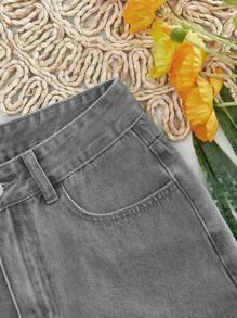 SHEIN EZwear Quần short denim viền xoăn phai màu thường ngày mùa hè - Màu Xám nhạt - Xem 3