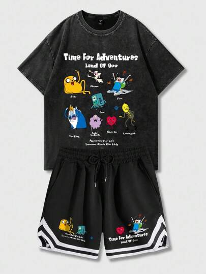Adventure Time X ROMWE 2pcs Men's Basketball & Snowflake Print T-Shirt And Shorts Set