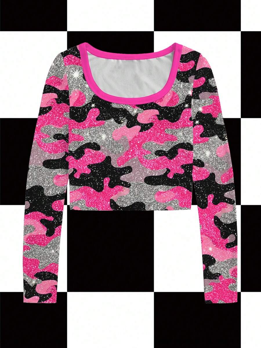 BiGraphic 粉色、迷彩、闪亮闪光效果、Y2K、运动、街头服饰、女式方领修身长袖 T 恤，适合秋冬季派对、聚会、度假、休闲装 粉色迷彩短款上衣 闪光迷彩上衣 闪亮迷彩上衣 Y2k 迷彩上衣 迷彩长袖短款上衣 - 彩色 - 查看 1