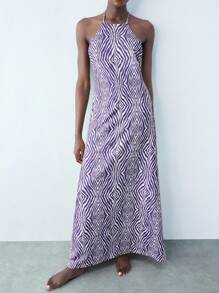 Maija 女式数字几何印花 V 领系腰连衣裙，百搭时尚都市派对装，修身腰部设计，讨人喜欢的彩色印花假日连衣裙，波西米亚风格度假连衣裙，优雅女装，缎面连衣裙