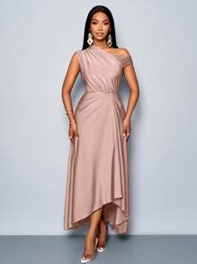 SOLERSUN Thời trang xuân hè cho nữ, tiệc sang trọng, màu tím, chất liệu dệt kim co giãn, thoải mái, chi tiết xếp nếp, váy dài xẻ tà, cổ áo bất đối xứng, viền bất đối xứng - Hồng - Xem 3