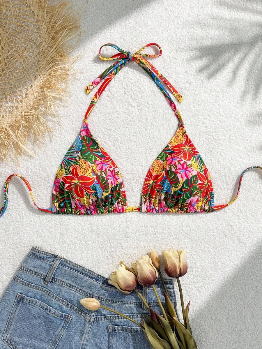 Swim Vcay Plus Size Halter Neck 3-Triangle Bikini Top For Summer Beach Vacation - Multicolor - View 1