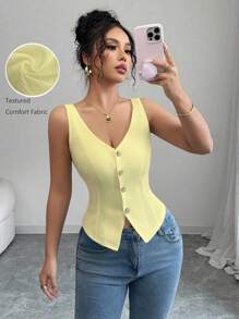 Elenzga Débardeur slim ajusté col V nouveau style printemps et été 2025 - Jaune citron - Voir 1