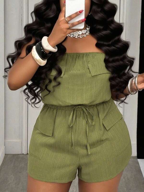 Slaydiva 2025 Nueva llegada primavera y verano - Casual de vacaciones y casual de calle/uso cotidiano, verde militar sólido, top tubo sin mangas con bolsillos utilitarios, cintura con cinturón, longitud corta, tejido de textura tejida, mono corto talla grande para mujeres - B