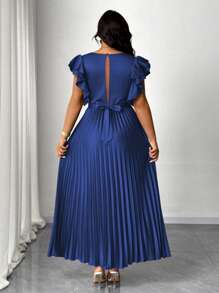 Maweii Plus Size Solid Color V-Neck Ruffle Sleeve Pleated Midi Dress - Navy Blue - View 2