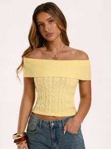 SHEIN BAE Summer Casual Solid Color Knitted Top,Cute,Streetwear,Basic Tops,Knit Sweater,Back To School,Off The Shoulder Sweater,Cute Sweater,Cropped Sweater,Fall For Women,Fall Sweaters,Off The Shoulder Sweater,Off Shoulder Sweater,Fall For Women,Fall Sweaters,Fall Women,Halloween Sweater - Yellow - View 3